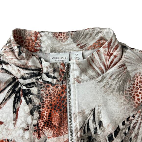 Weekends By Chico Full Zip Jacket Sz2 US 12 Large Floral Tan Pockets Lightweight - Picture 2 of 10